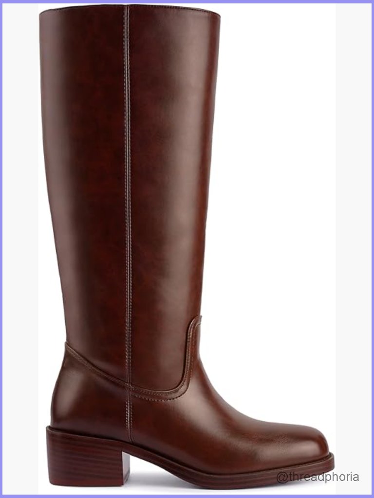Knee High Boots Square Toe Chunky Block Heel Pull On Wide Calf Riding Boots